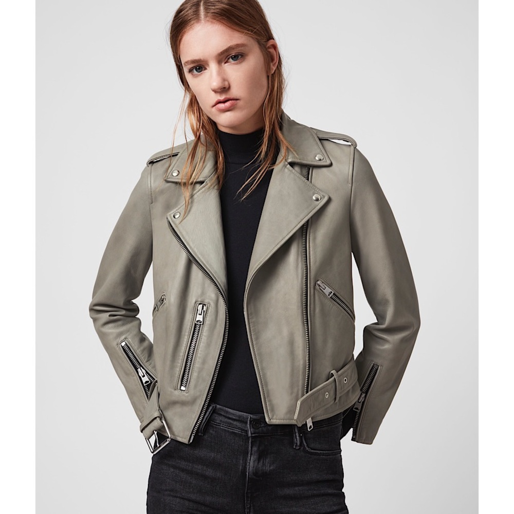 AllSaints Balfern Leather Biker Jacket in Duck Egg Blue Size US 4